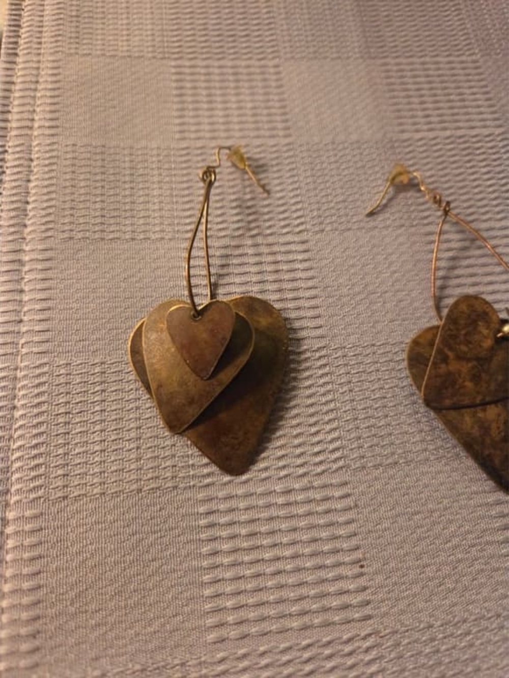 Layered Heart Drop Earrings - Antique Gold Tone